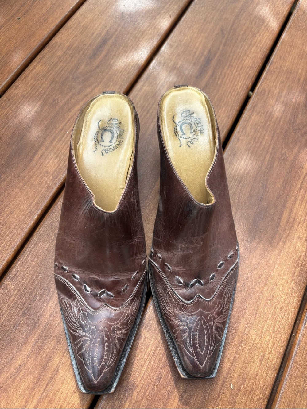 Brown Leather Slip-On Western Mules for Women